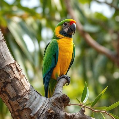 The primary subject of the image is a colorful parrot perched on a tree branch. The setting is a lush green forest, with the parrot sitting on a tree branch surrounded by green leaves. The visual style of the image is a photo, capturing the vibrant colors and details of the parrot and its environment. The colors and mood of the image are lively and cheerful, with the bright green of the parrot and the forest creating a sense of warmth and natural beauty.